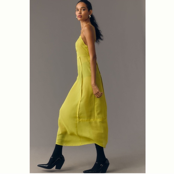 ANTHROPOLOGIE Super Cute Chartreuse NWT 
SHEER PANELED MIDI DRESS - Picture 2 of 8